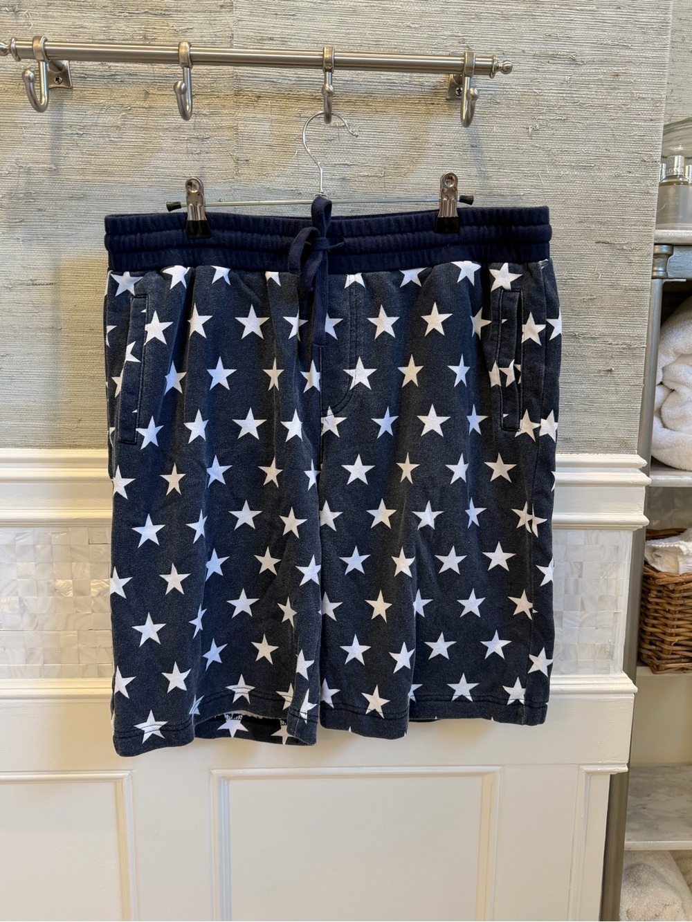 Large Hollywood long Bermudas sweat shorts Navy blue Star Print Terry drawstring